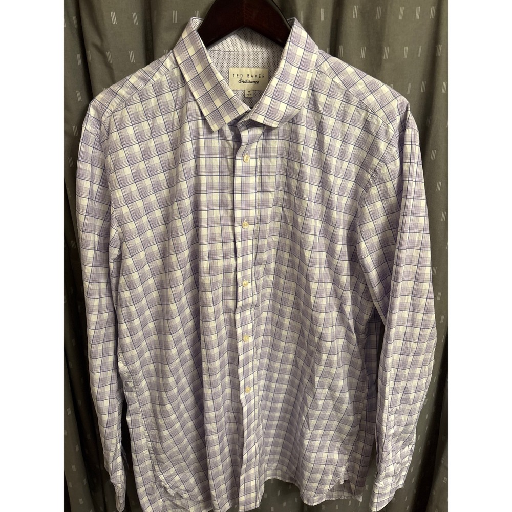 Ted Baker Endurance Mens 17 34/35 Purple Plaid Cotton Button Down Shirt RS5M
